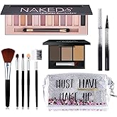 All in One Makeup Kit, Includes 12 Colors Naked Eyeshadow Palette, 5Pcs Makeup Brushes, Waterproof Eyeliner Pencils, Eyebrow Powder and Quicksand Cosmetic Bag, Gift Set for Women, Girls & Teens