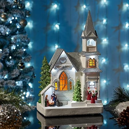 Luci E Decorazioni Natalizie.Homezone Decorazione Natalizia Con Luci E Suoni Natalizi Con Luci A Led Che Cambiano Colore Funzionamento A Batteria Battery Operated White Church Scene Amazon It Casa E Cucina