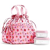 Fit & Fresh Cromwell Drawstring Lunch Bag for Women, Complete Lunch Set with 2 Containers, Stain-Resistant, Leak-Resistant, Back to School Essential, Teacher Lunchbox, Pink Strawberries