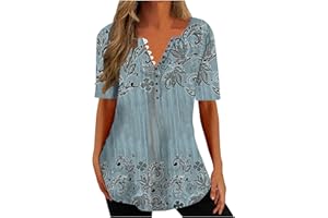 LEODYE Vintage Floral Tops for Women Casual V Neck Button Down Shirt Summer Short Sleeve Tunic Tops Loose Fit Plus Size Top
