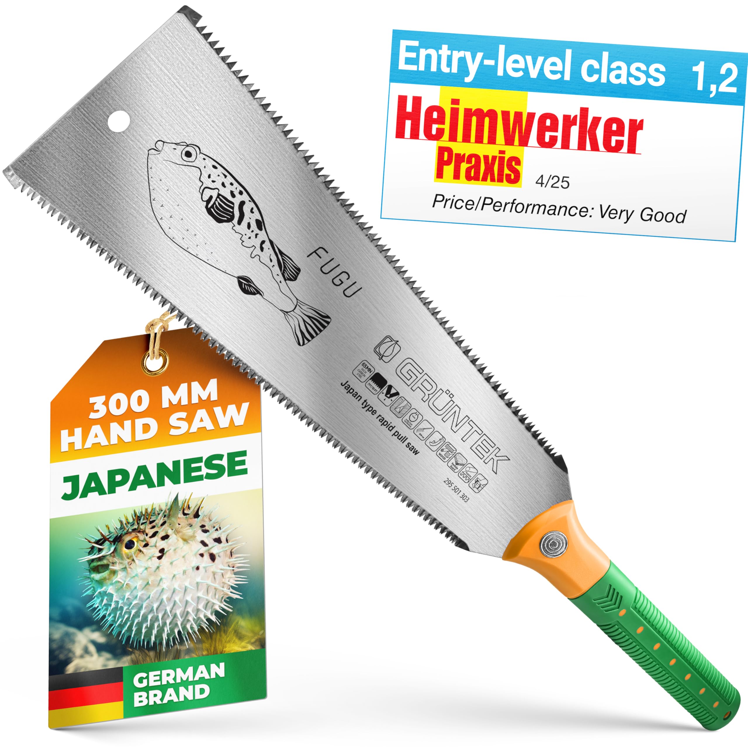 GRÜNTEK Japanese Saw Ryoba FUGU 300mm for Fine and Coarsed Cutting. Blade with Double-Sided Teeth. Pull Saw