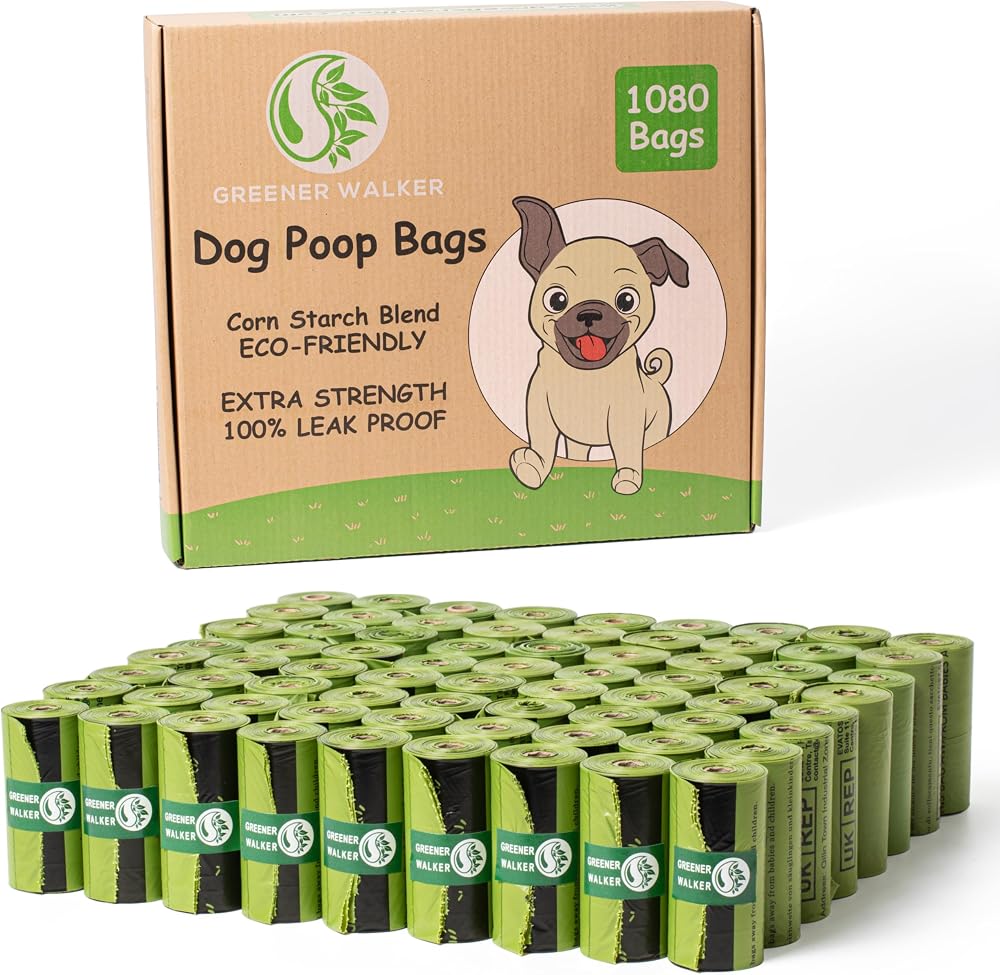 GREENER WALKER Poop Bags 1080 Extra Thick Leak Proof 13x9 Green