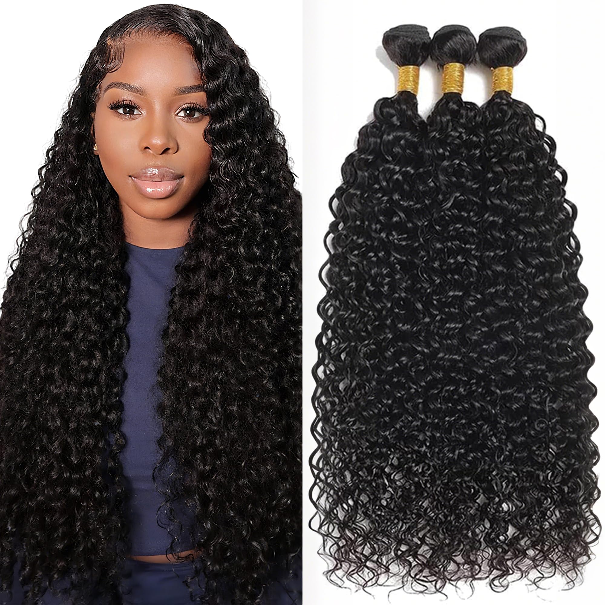Photo 1 of 12A Kinky Curly Wave Bundles Human Hair 1B Color Unprocessed Brazilian Virgin Human Hair Bundles 20 22 24 Inch Natural Black 3 Bundles Double Weft Weave Hair Extension for Women 300g Total