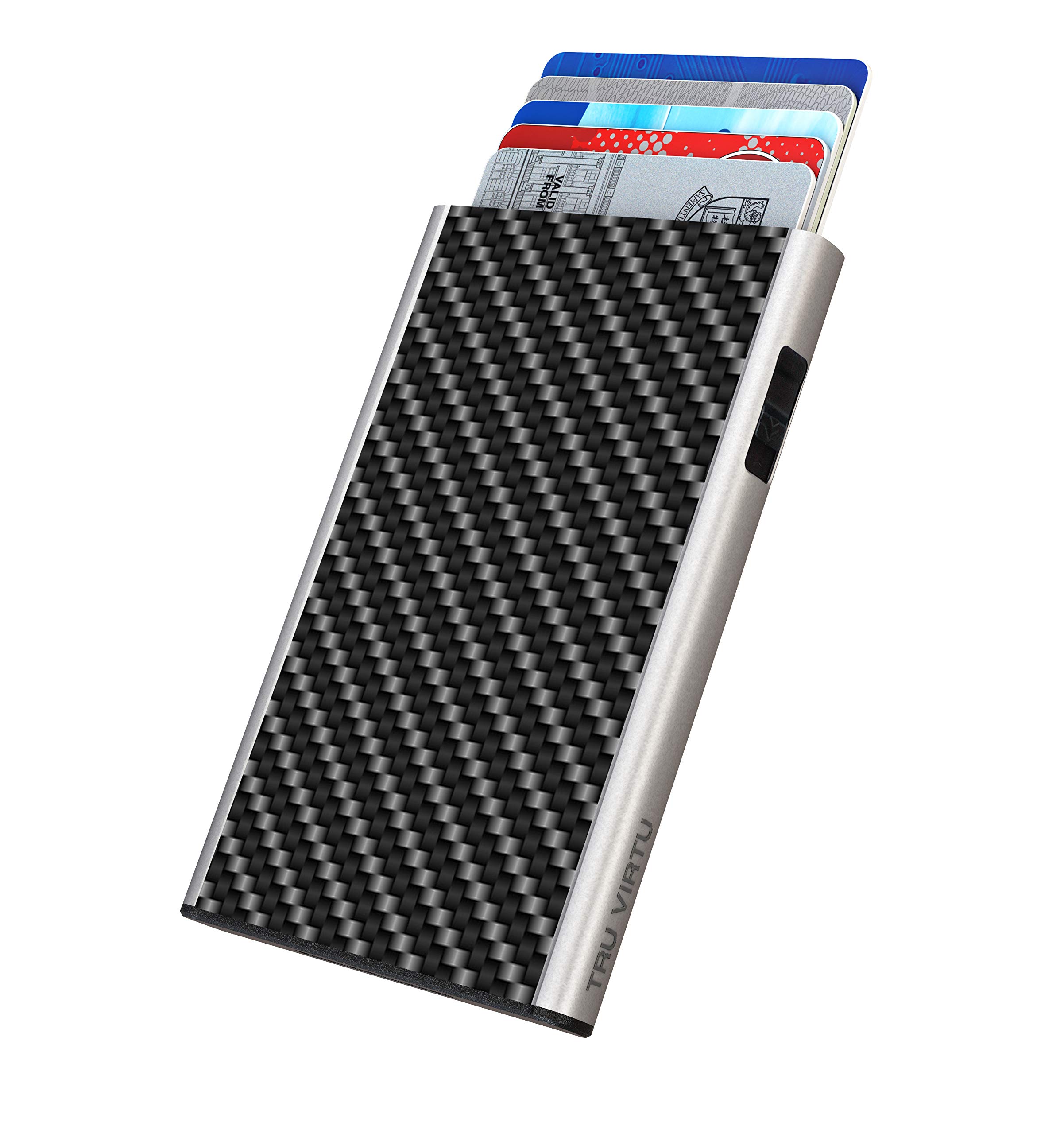 Tru Virtu® Card Holder Click & Slide I Credit Card Holder Wallet I Card-Holder-RFID-NFC-Protection I Aluminium Card-case I Card Storage I Slim Wallet (Carbon Fibre Black/SIL)