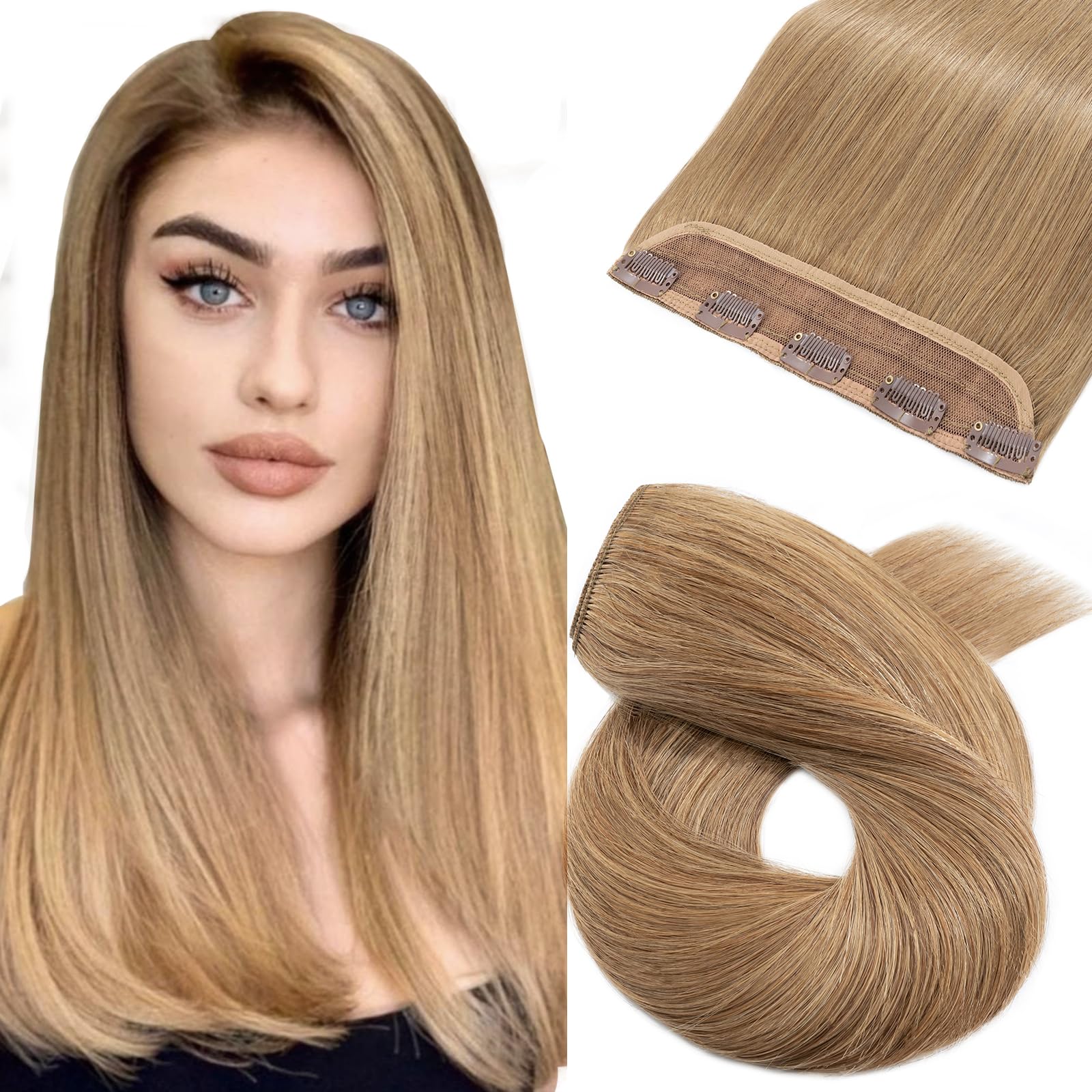 Silk-co Blonde Hair Extension Clip in One Piece Clip on Hair Extensions Seamless Real Remy Human Hair Straight 3/4 Full Head (16 inch-45 grams, #27 Dark Blonde)
