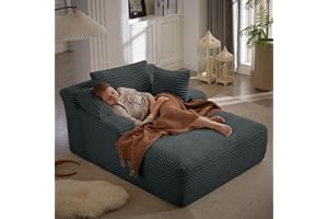 HANLIVES 49.2" Oversized Chaise Lounge Chair, Comfy Corduroy Fabric Single Sofa Chair, Upholstered Reading Lounge Chair with Pillows for Living Room or Bedroom, Frameless Design, Dark Grey