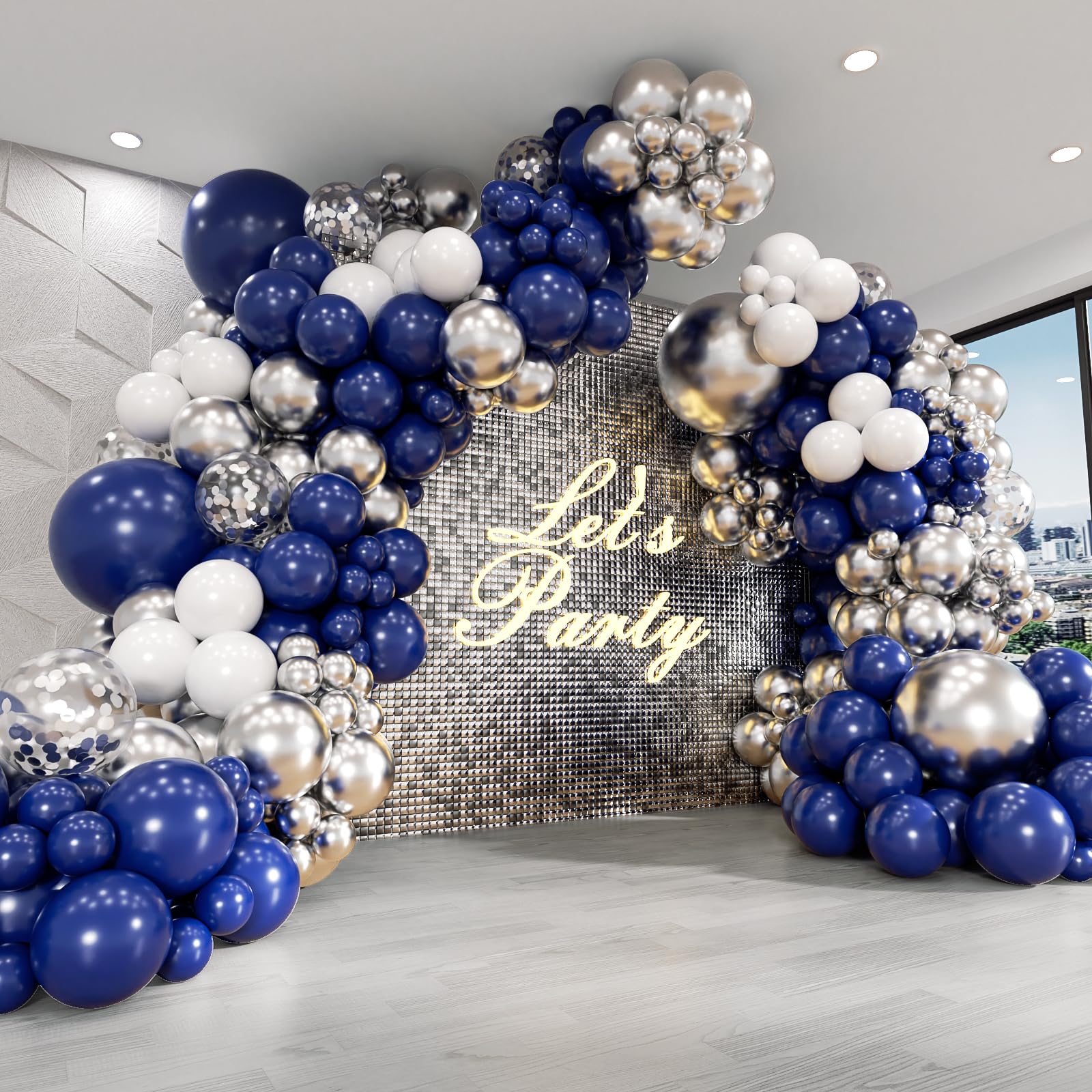 Photo 1 of Navy Blue and Silver Balloon Garland Arch Kit, Royal Blue Metallic Silver White Balloons for Birthday Baby Shower Wedding Graduation Party Decorations