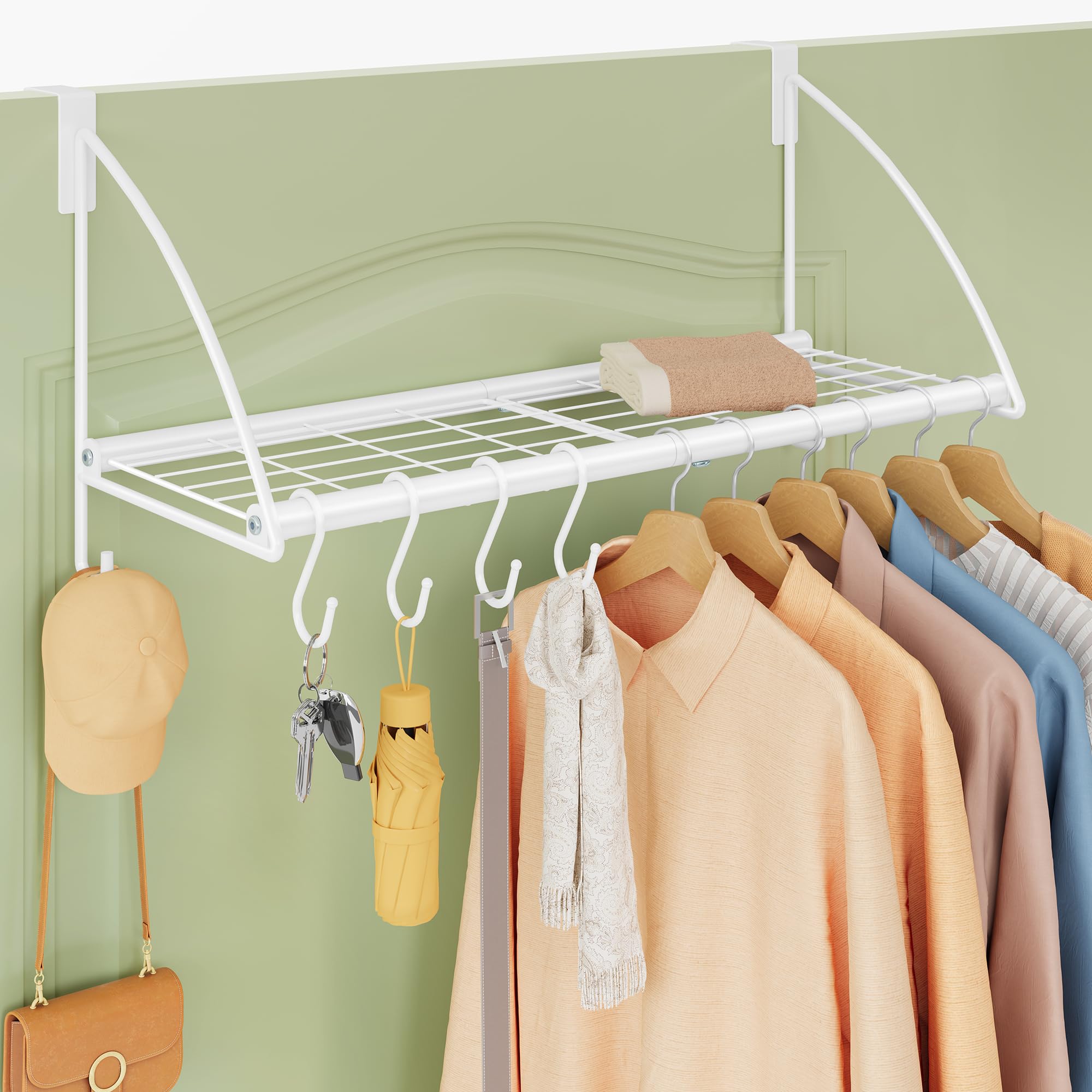 Photo 1 of Tajsoon Over Door Clothes Hanger with Storage Rack and 6 Hooks, Extended Over The Door Clothes Rack for Hanging Coat for Bathroom, Bedroom, Living Room, White