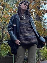 Women Y2K Argyle Striped Pullover Sweater Casual