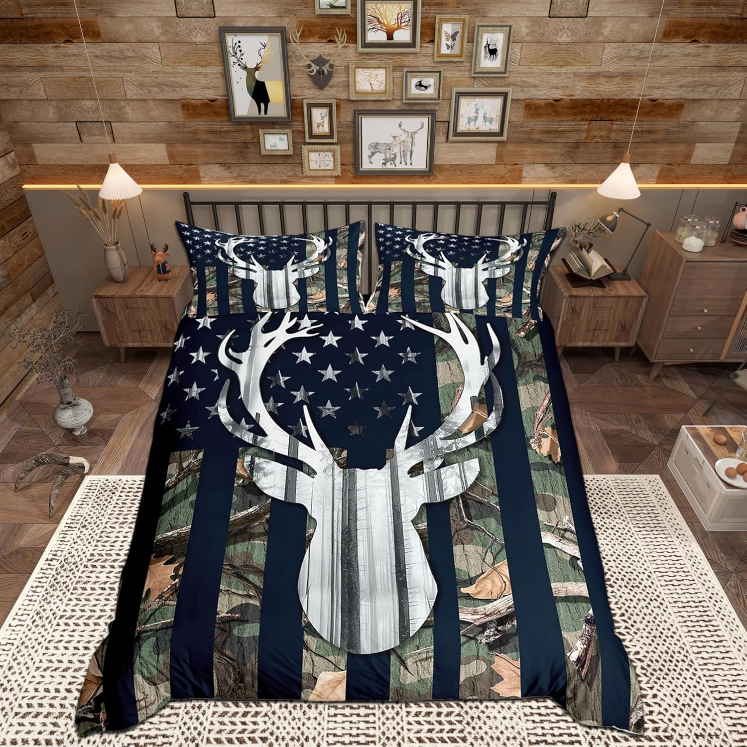 Camouflage USA Flag Comforter Cover Double, Green Camo Grey Deer Antlers and Trees Print Natural Duvet Cover for Girls Teens Xmas Gift, American Flag Ultra Soft Bedding Set with 2 Pillowcases — image 1