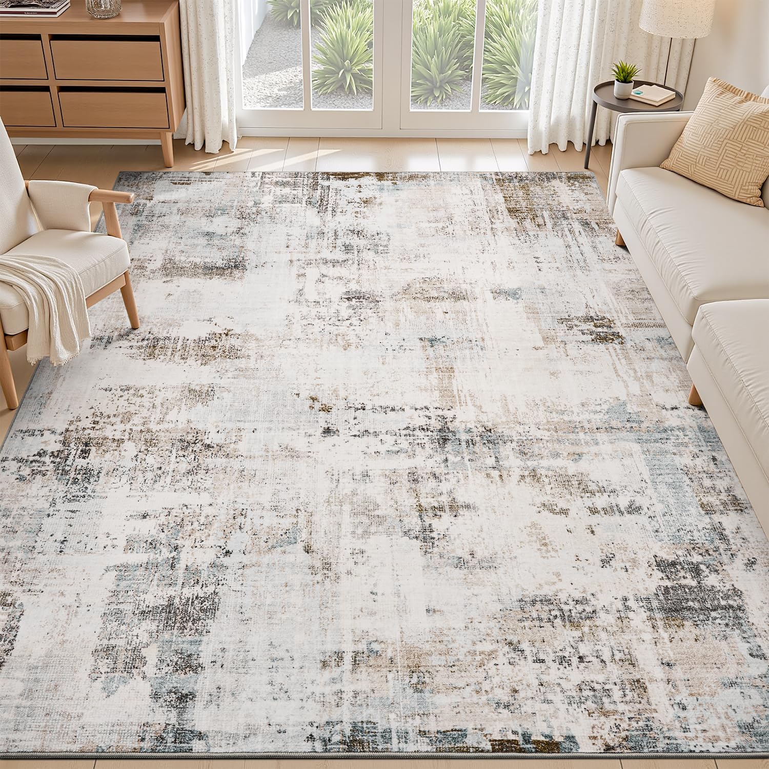 Photo 1 of Camel Grey Washable Area Rugs 8x10 Rugs for Living Room Bedroom Rug Dining Room Office Rug Carpet Neutral Modern Abstract Soft Comfortable Water Repellent Easy Care Low Pile Non Slip