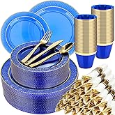 350PCS Clear Blue Plastic Plates for 50 Guests, Disposable Dinnerware Set for Party and Graduation, Includes 100 Plastic Plates, 50 Pre Rolled Napkins with Gold Silverware, 50 Cups
