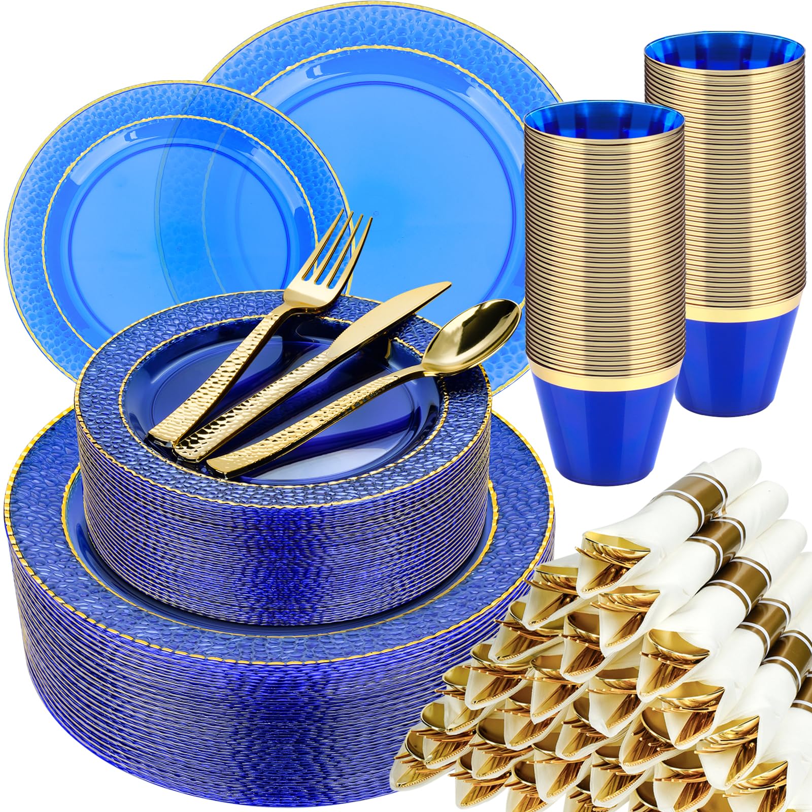 Photo 1 of 350PCS Clear Blue Plastic Plates for 50 Guests, Disposable Dinnerware Set for Party and Graduation, Includes 100 Plastic Plates, 50 Pre Rolled Napkins with Gold Silverware, 50 Cups