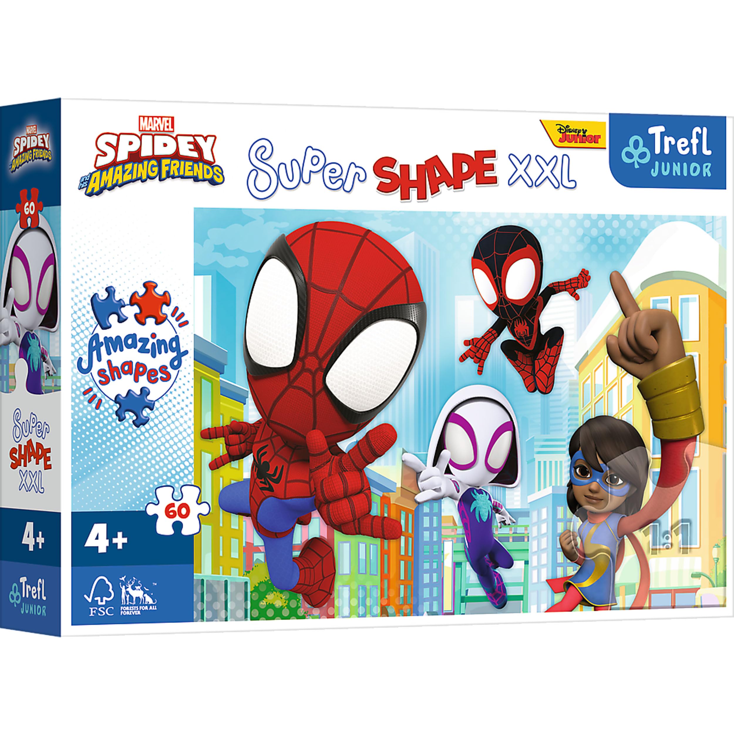 Trefl Spiday The Ingenious-Puzzles 60 XXL Super Shape Crazy Shapes, Big Pieces Fairy Tales Characters To Colour For Ages 4 Years, 50012, Spidey and His Amazing Friends, One Size