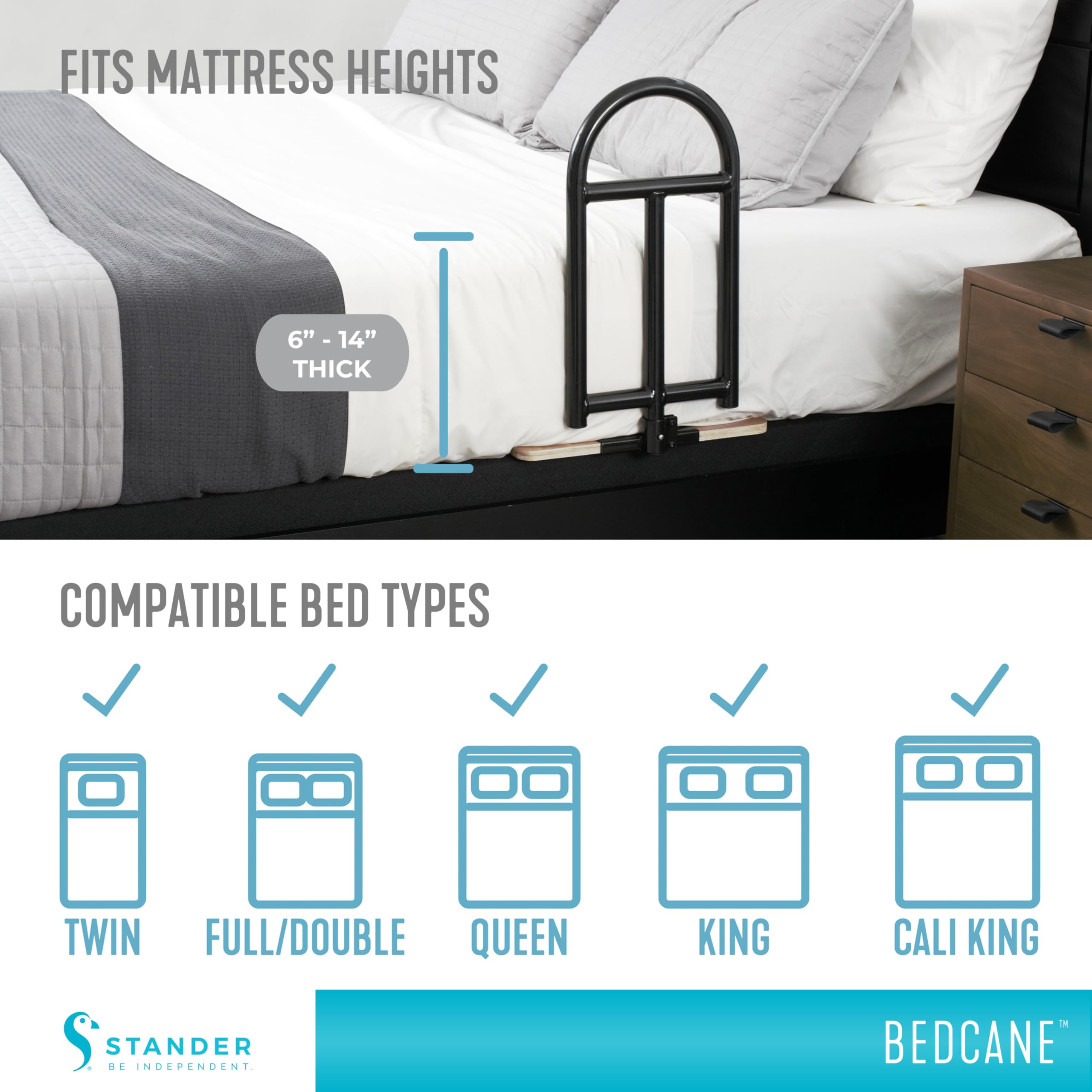 Stander BedCane, Adult Bed Rail and Support Handle, Bedside Safety Elderly Stand Assist with Organizer Pouch, ASTM Safety Approved Bedrail
