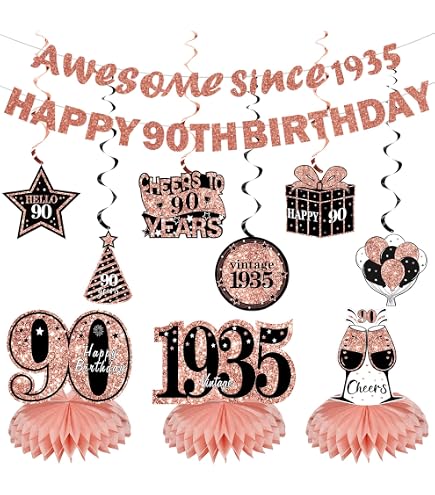 90. Geburtstag Deko-Set – Rose Gold Mit Blumen-Hintergrund, Banner & Ballons – Für Partys & Feiern