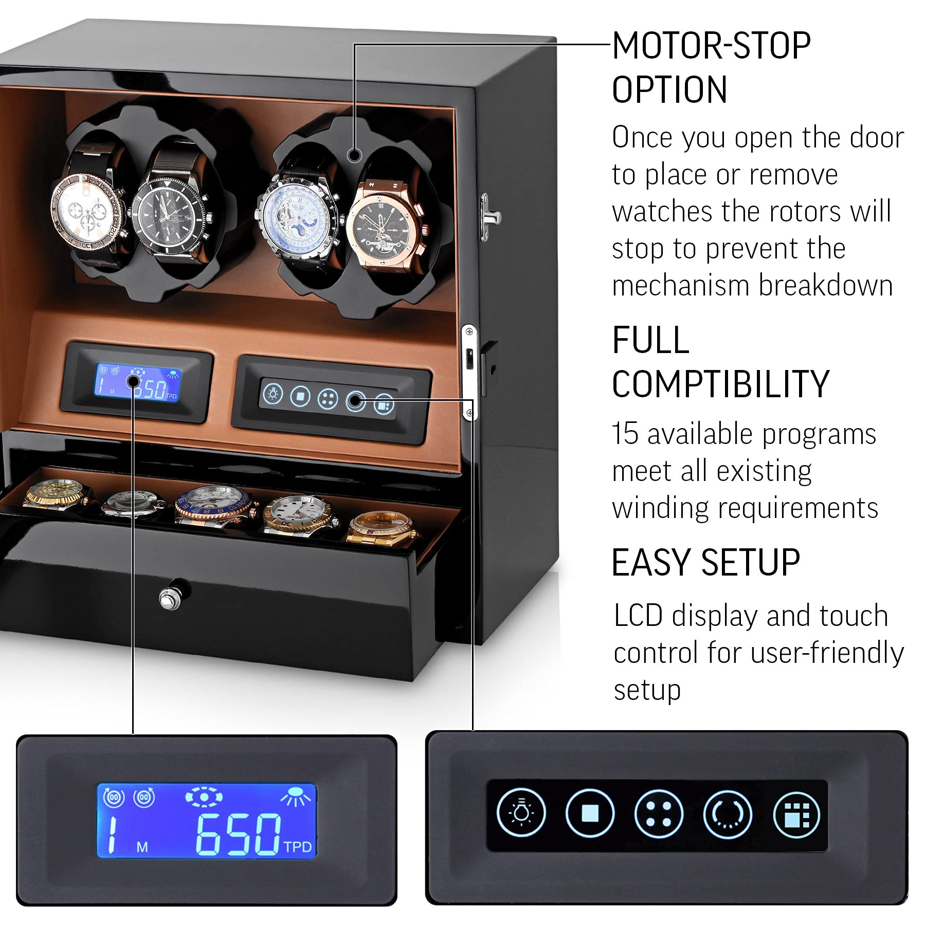 Leader WATCH WINDERS 4 Watch Winder with 5 Watch Storage Space, LCD Display, Touch Control and Interior Light