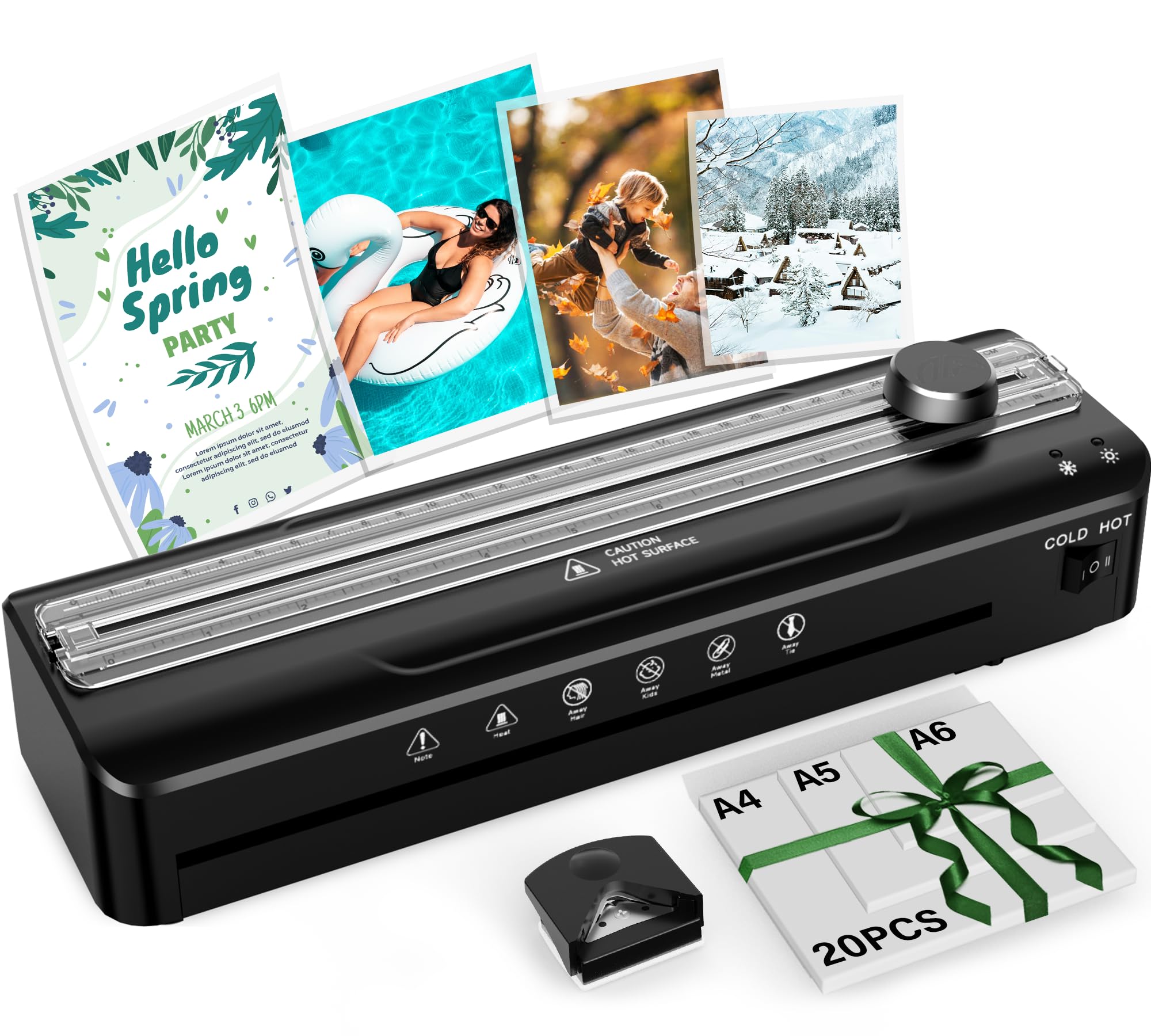 MAXDONE Laminator Machine A4 - Thermal Laminating Machine 4-in-1 Hot and Cold Laminator with Laminating Pouches Paper Trimmer and Corner Rounder No Bubbles Black