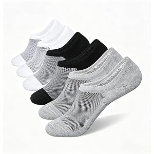 3-Pack Colors No Show Socks, Black White and Gray Low Cut Cotton Socks, Non Slip Invisible Socks for Men and Women