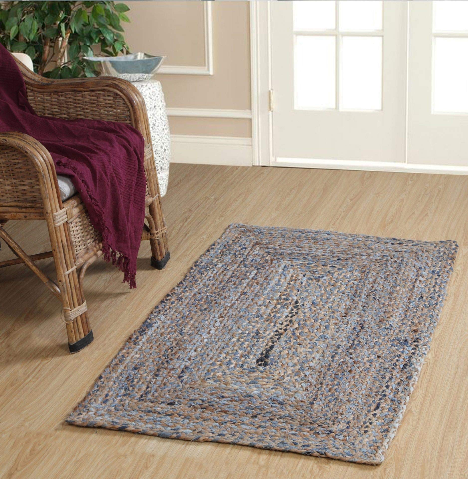 Second Nature Online Jeannie Small Braided Jute & Denim Blue Area Rug 60 cm x 90 cm
