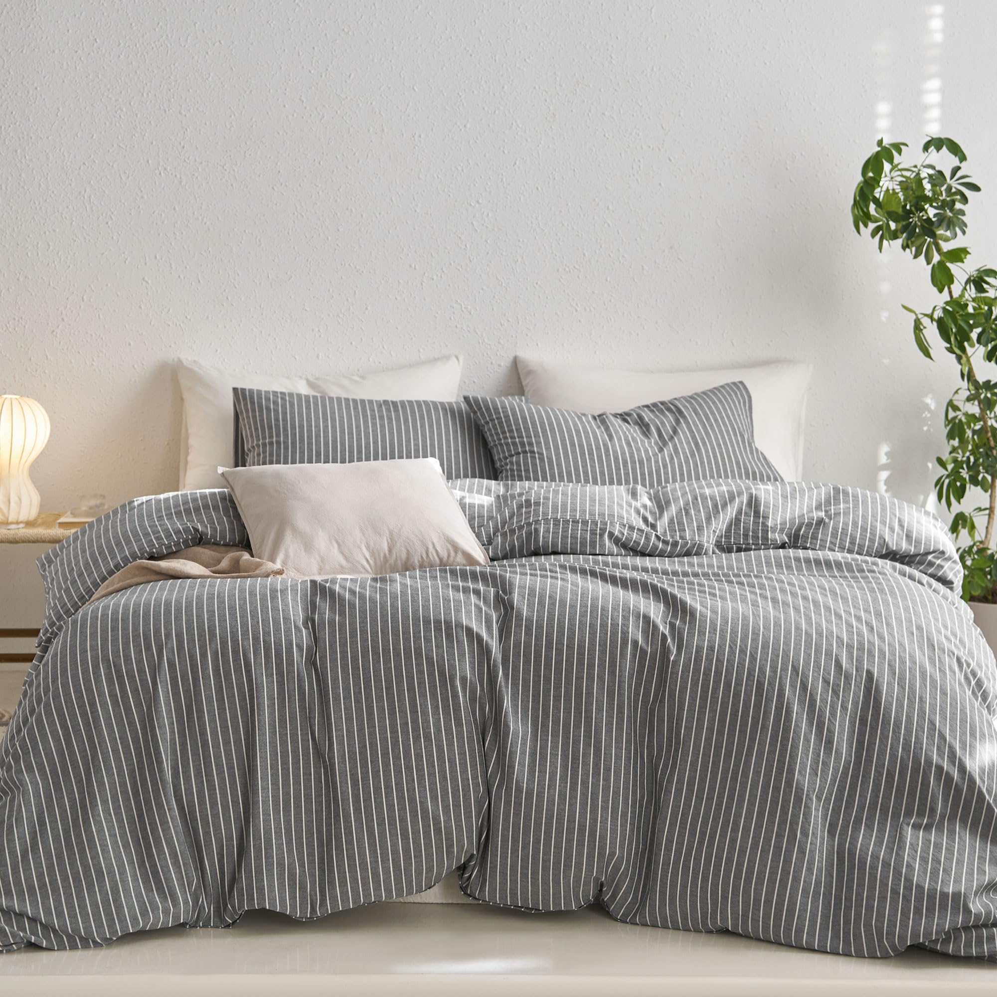MooMee Striped Duvet Cover Set 100% Washed Cotton Linen Like Textured Breathable Durable Soft Comfy (Dark Grey White Wide Stripes, King 104"x90") Image