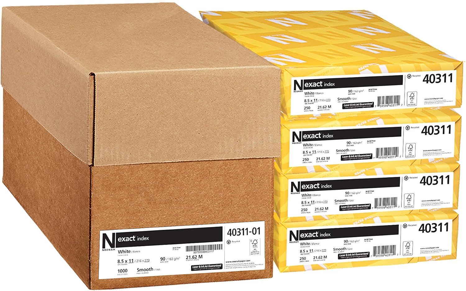 Exact Index Cardstock, 94 Brightness, 90 lb /163 gsm, 1000 Sheets/Carton, 8.5" x 11", White - 40311-01, (Pack of 4) : Office Products
