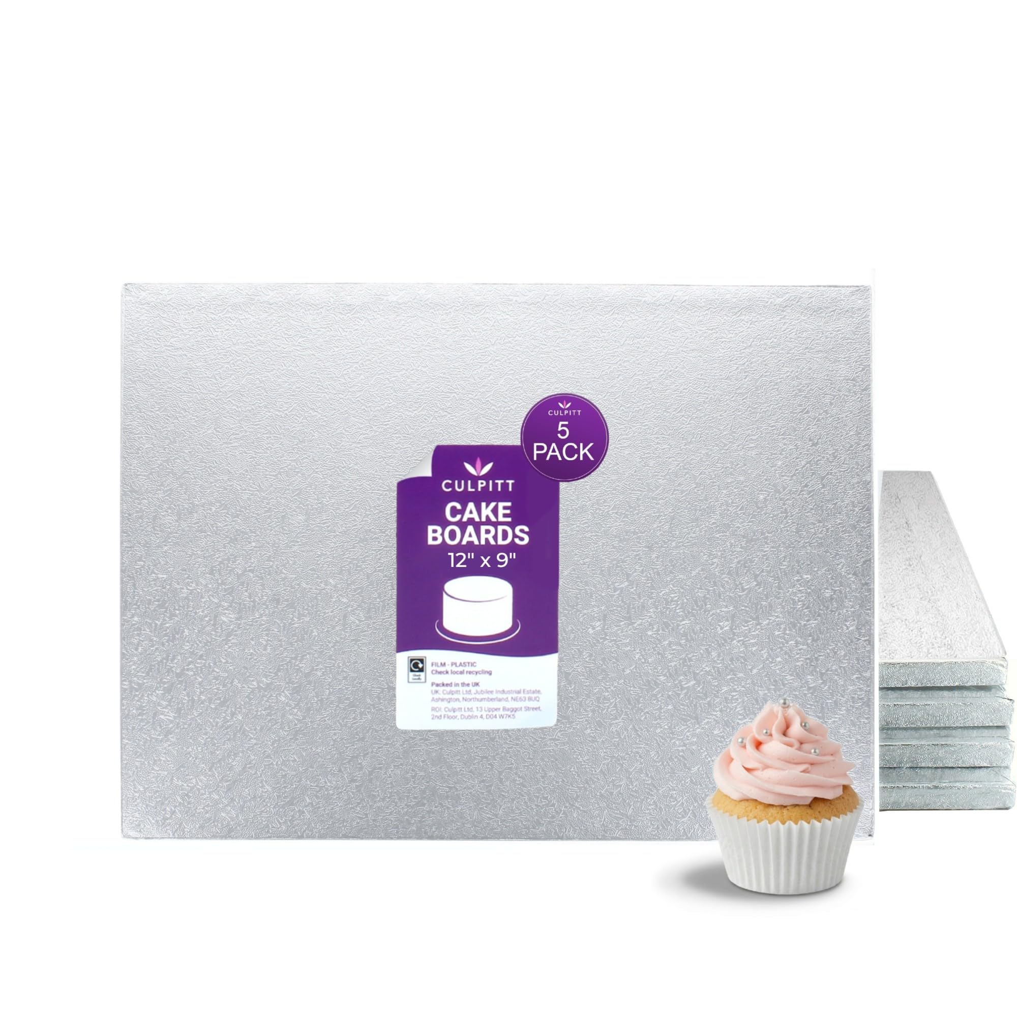 Culpitt 12" x 9" Cake Board | 5 Pack | Oblong Cake Drum, Rectangular, 0.5 Inch (13mm) Thick, Pack of 5 Boards For Tray Bakes, Cakes, And Cupcake Displays | Silver - Pack Of 5