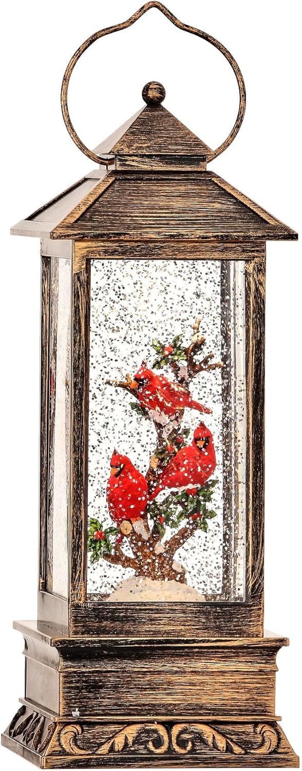 Snow Globes - Textured Bronze Lantern Cardinals on Branch LED 12 inch Metal Tabletop Christmas Water Snow Globe