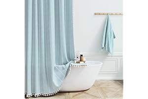 BTTN Boho Farmhouse Shower Curtain, Linen Rustic Weighted Striped Fabric Shower Curtain with Tassel, Water Repellent, Modern Bohemian Vintage Cloth Shower Curtains for Bathroom, Fog Blue, 72x72