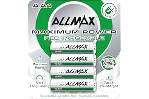 ALLMAX BATTERY Allmax AA Maximum Power Rechargeable NiMH Double A Batteries (4 Count) – Ultra Long-Lasting, Recharge up to 2,000 Times, Pre-Charged, Maximum Performance – 1.2V