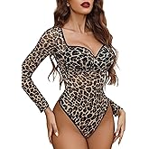 Avidlove Mesh Bodysuits for Women Long Sleeve Body Suits Leopard Print Going Out Tops Sheer Rave Outfits with Snap Crotch