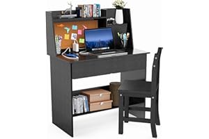 RUPOLX Black Kids Desk and Chair Set for 5-12 Year Old, Childrens Computer Desk with Charging Station, Kids Study Table with Drawers and Storage Shelf