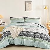 WONGS BEDDING Queen Comforter Set-Sage Green Comforter, Reversible Boho Striped Bedding Set for Queen Bed - 3 Pieces (1 Comforter + 2 Pillowcases), Soft Microfiber Down Alternative (90"x 90")