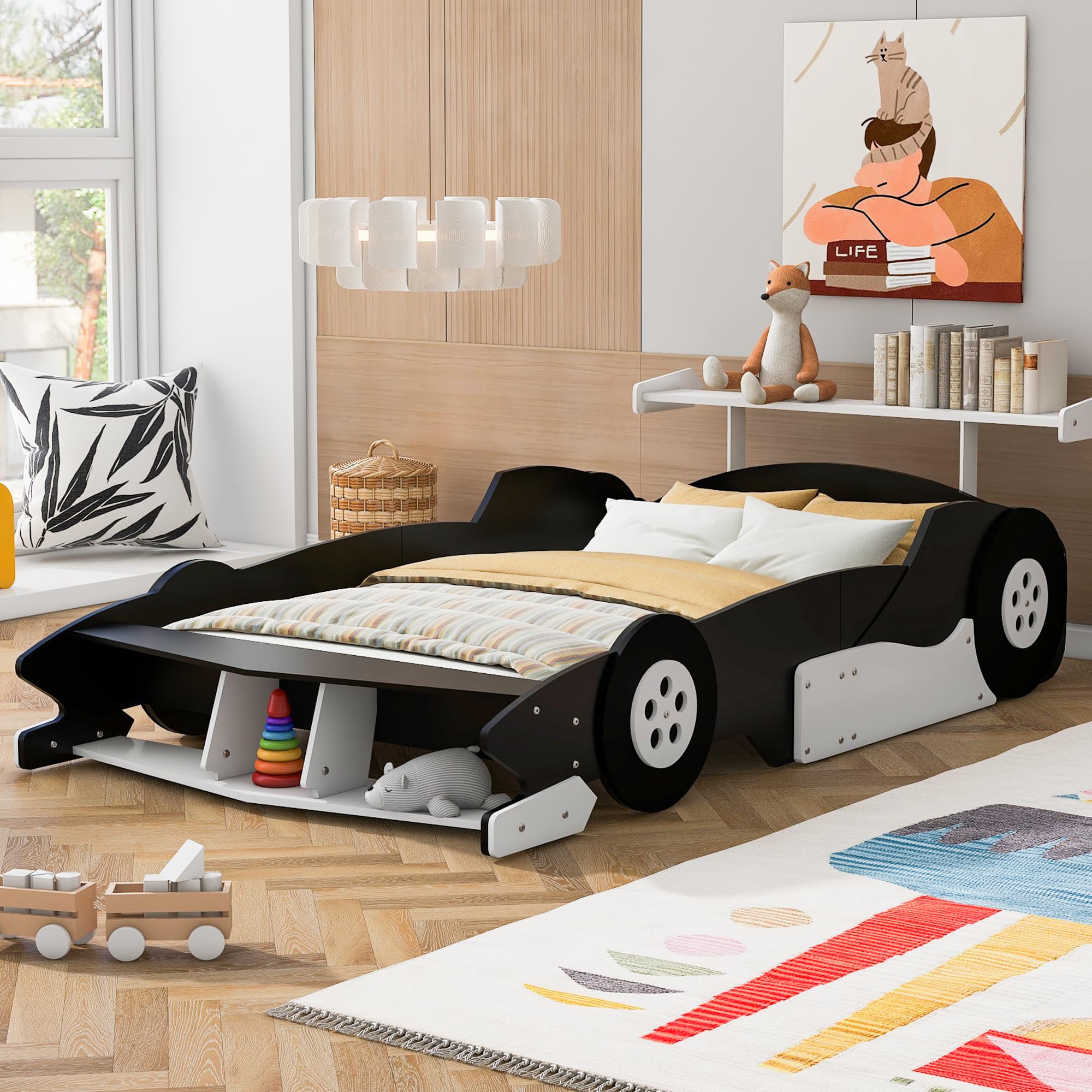 Photo 1 of ***PARTIAL SET PRICE ADJUSTED***
Merax Full Size Race Car Bed Frame for Boys, Wood Car-Shaped Platform Bed with Wheels, Black