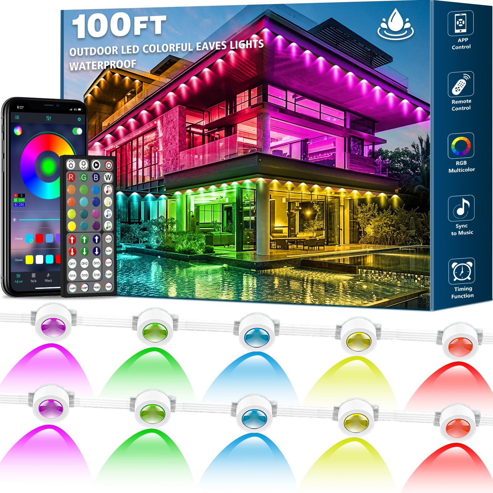 Photo 1 of SINLEY 100FT Permanent Outdoor Lights,DIY Scene Modes IP67 Waterproof Outdoor Under Eave Lighting,RGB Eaves Lights with App Control Remote