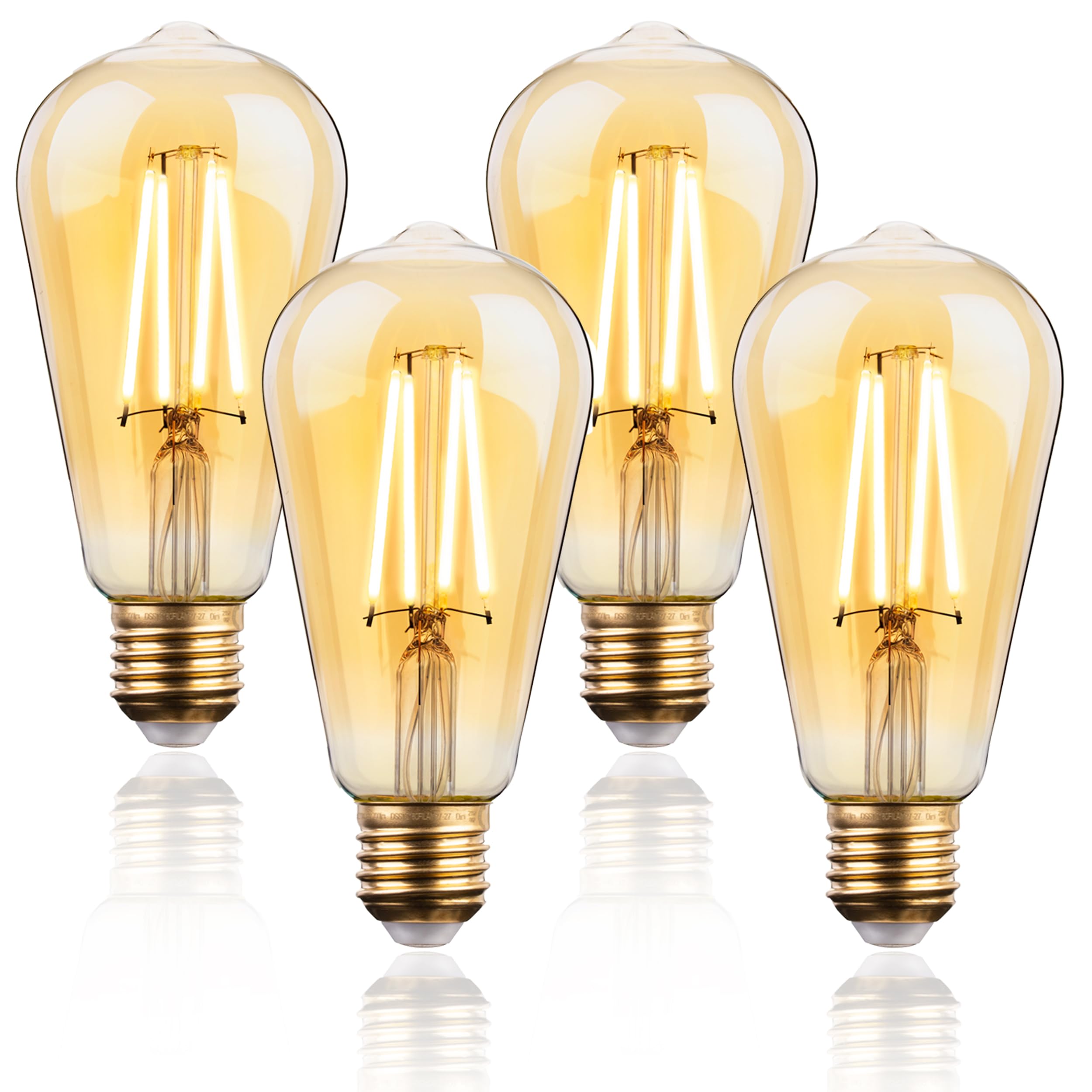 FLSNT LED Edison Bulb,ST64 E27 Screw 7W Dimmable Filament Light Bulb 60W Equivalent,Vintage 2700K Soft White,Amber Glass,4 Pack