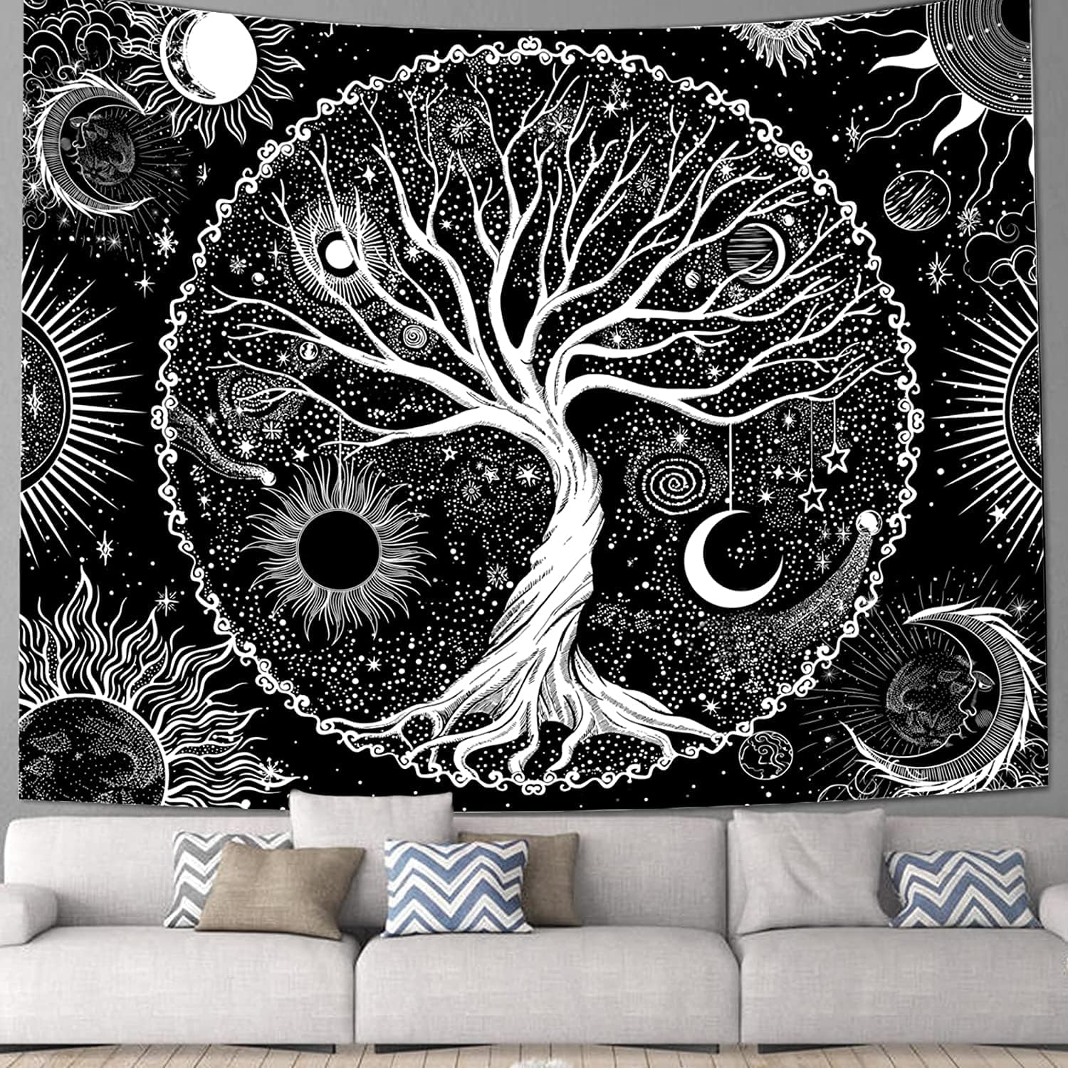 Tapestries - MitoGadget Tree of Life Tapestry for Bedroom Aesthetic, Black and White Bohemian Trippy Hippie Wall Tapestry, Sun and Moon Nature Mystic Forest Gothic Tapestries Wall Hanging, 37.4ʺ x 28.7ʺ