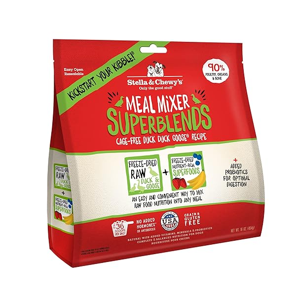 STELLA & CHEWY’S FREEZE-DRIED RAW CAGE-FREE DUCK MEAL MIXER SUPERBLENDS GRAIN-FREE DOG FOOD TOPPER, 16 OZ. BAG, FREEZE-DRIED RAW MEAL MIXER SUPERBLENDS