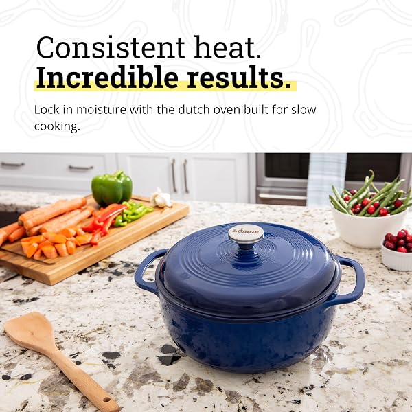 LODGE ESSENTIAL ENAMEL CAST IRON DUTCH OVEN 6 QUARTS – PERFECT FOR BREAD BAKING, BRAISING, MARINATING & SLOW COOKING, FEATURES MOISTURE-SEALING LID & DUAL HANDLES, KITCHEN ESSENTIALS, INDIGO