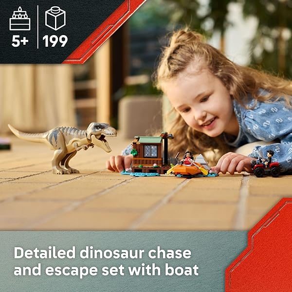 LEGO JURASSIC WORLD T. REX RIVER ESCAPE – DINOSAUR TOY FOR KIDS, BOYS, AND GIRLS, AGES 5-7 – JURASSIC WORLD TOY BOAT MINIFIGURES – CREATIVE DINOSAUR GIFT FOR MOVIE FANS – 76975