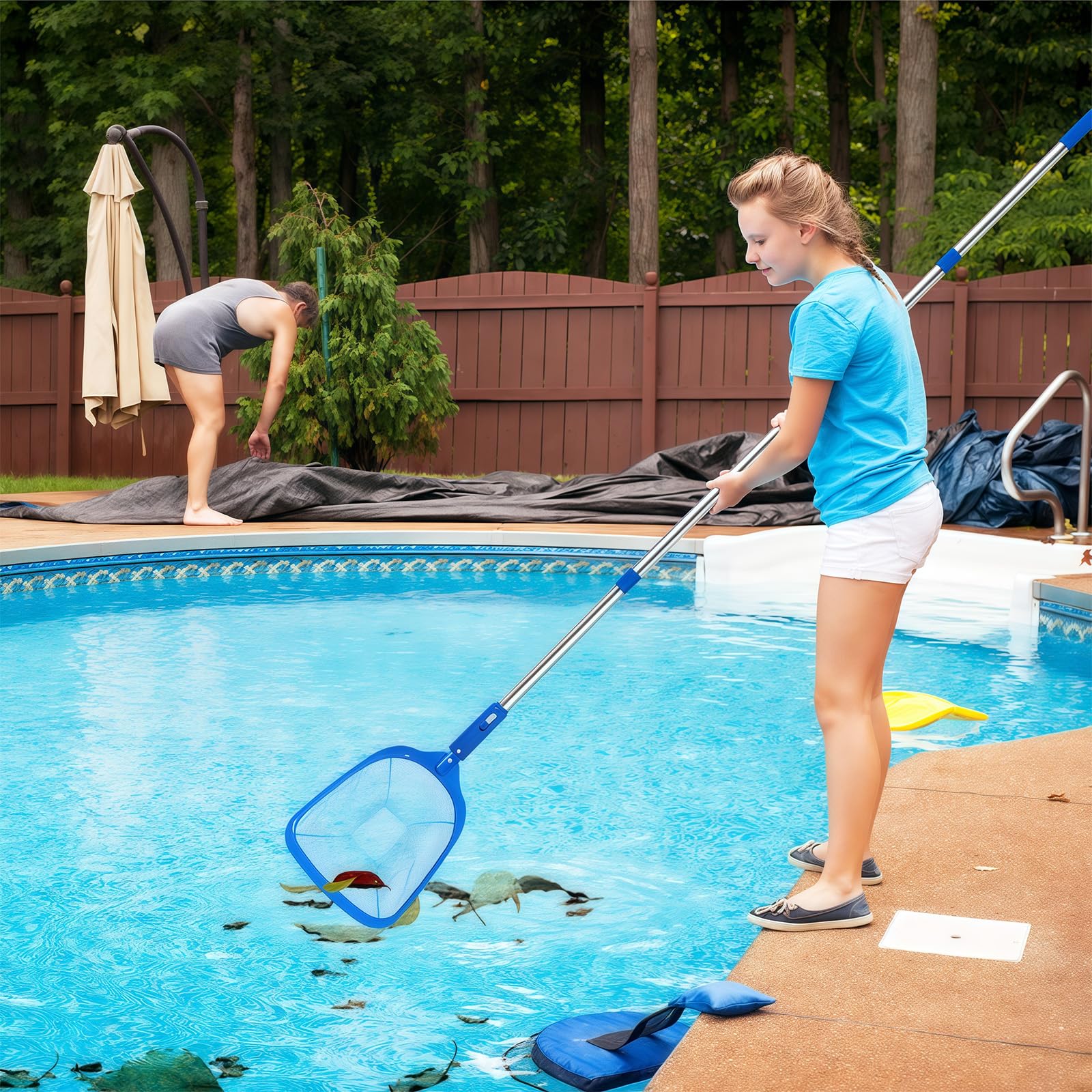 185 cm Pool Kescher, Poolkescher Fein mit Teleskopstange, Poolreinigung Pool Kescher Feinmaschig, Teichkescher für Schwimmbad, Teich, Algen & Bestway Pool, Aufstellpool, Planschbecken, Whirlpool 6