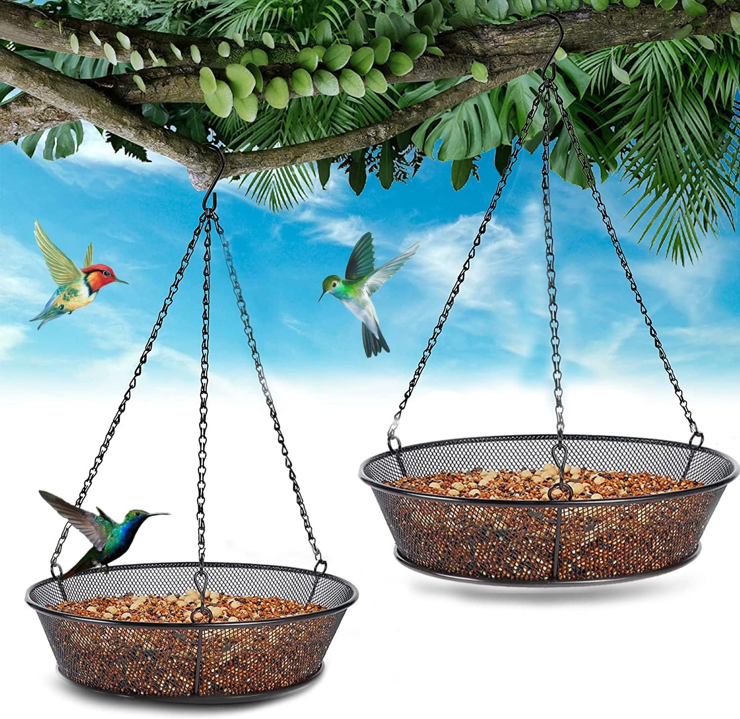 Backyard Birding & Wildlife - 2 Pack Hanging Bird Feeder, Bird Feeder Hanging for Garden Yard Outside Hanging Bird Feeder Tray - Metal Mesh Platform Feeders for Birds Outside Outdoors Hanging for Attracting Birds