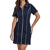 luvamia Denim Dresses for Women Summer Casual Zip Up Short Sleeve Western Short Stretchy Jean Dress with Pockets