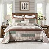 Uniclinens Plaid Quilt King Size, 100% Cotton Patchwork Quilt Bedding Set, Brown Lightweight Farmhouse Bedspread/Coverlet/Comforter Set, 3 Pieces Set with 2 Pillowshams, Brown/Green/Cream