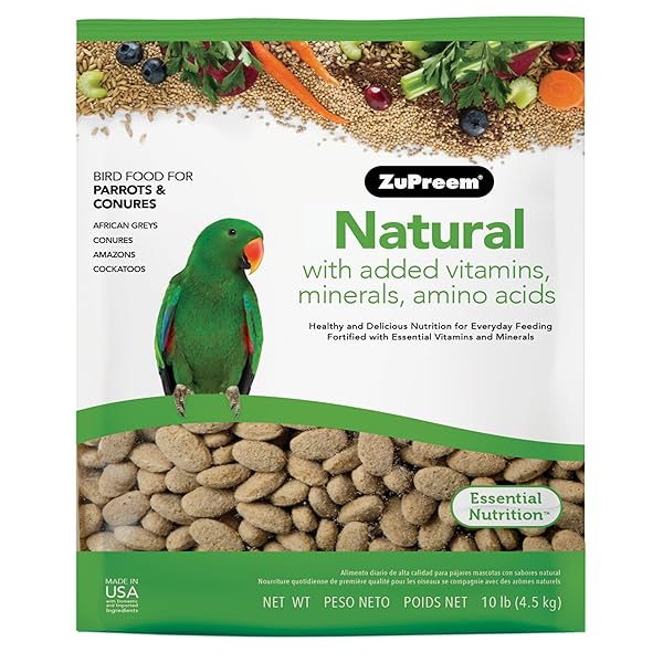 ZUPREEM NATURAL BIRD FOOD, BIRD FEED PELLETS FOR PARROT, CONURE, CAIQUE, AFRICAN GREY, ECLECTUS, SMALL COCKATOO, ZUPREEM CORE NUTRITION, MADE IN USA, ADDED VITAMINS, PARROT FOOD, (M/L, 10 LB BAG)