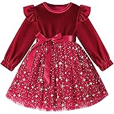 NARPLO Toddler Christmas Dress Ruffle Long Sleeve Toddler Baby Girls Knee Length Tulle Velvet Dresses for Party Holiday