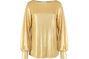 PESION Womens Casual Bishop Sleeve Blouse Boat Neck T-Shirts Tunic Tops