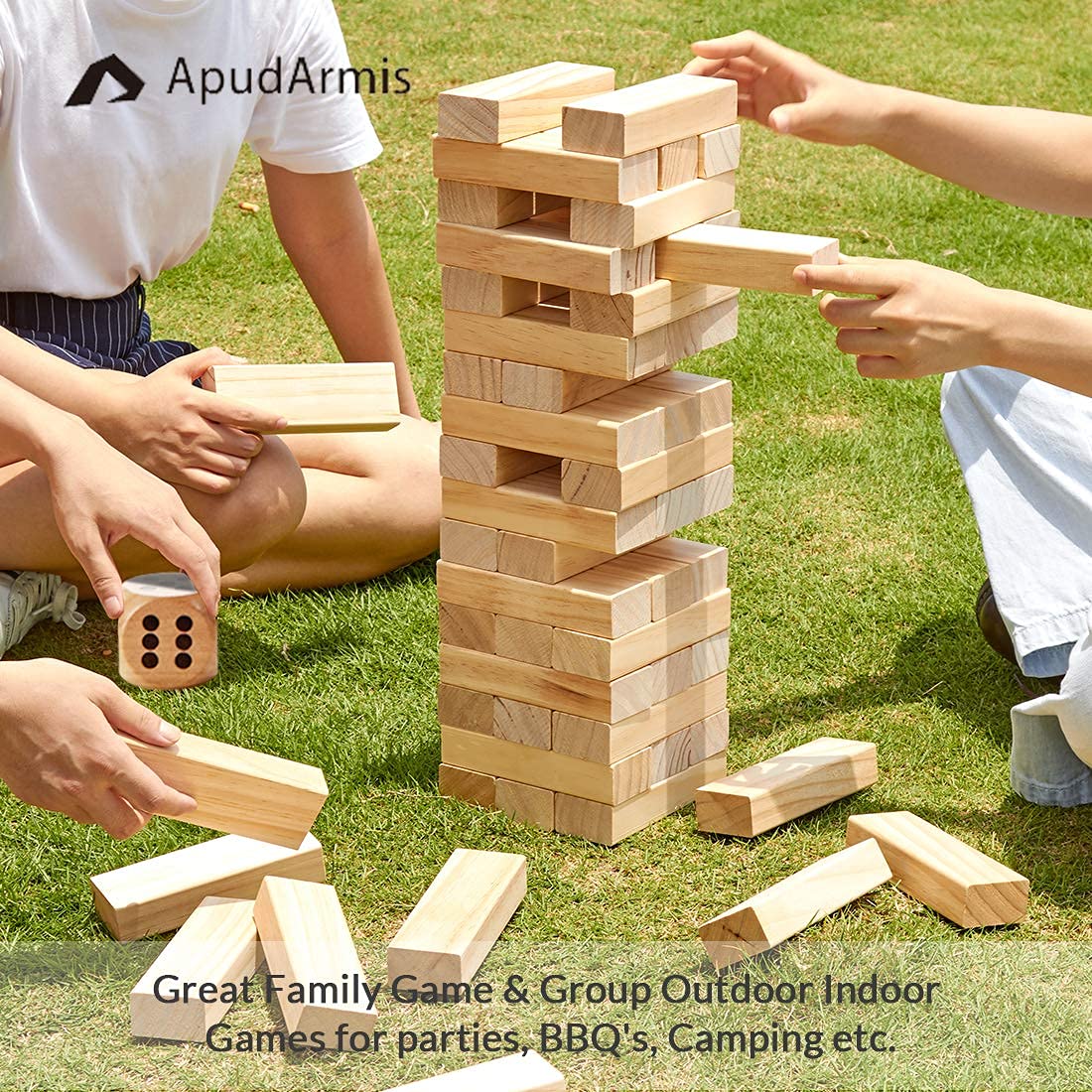 ApudArmis 54 PCS Tumble Timber Set [Up to 3.2FT], Pine Wooden Tumble Tower Game with Dice and Scoreboard Set - Classic Block Stacking Board Game for Teens Children Teenagers