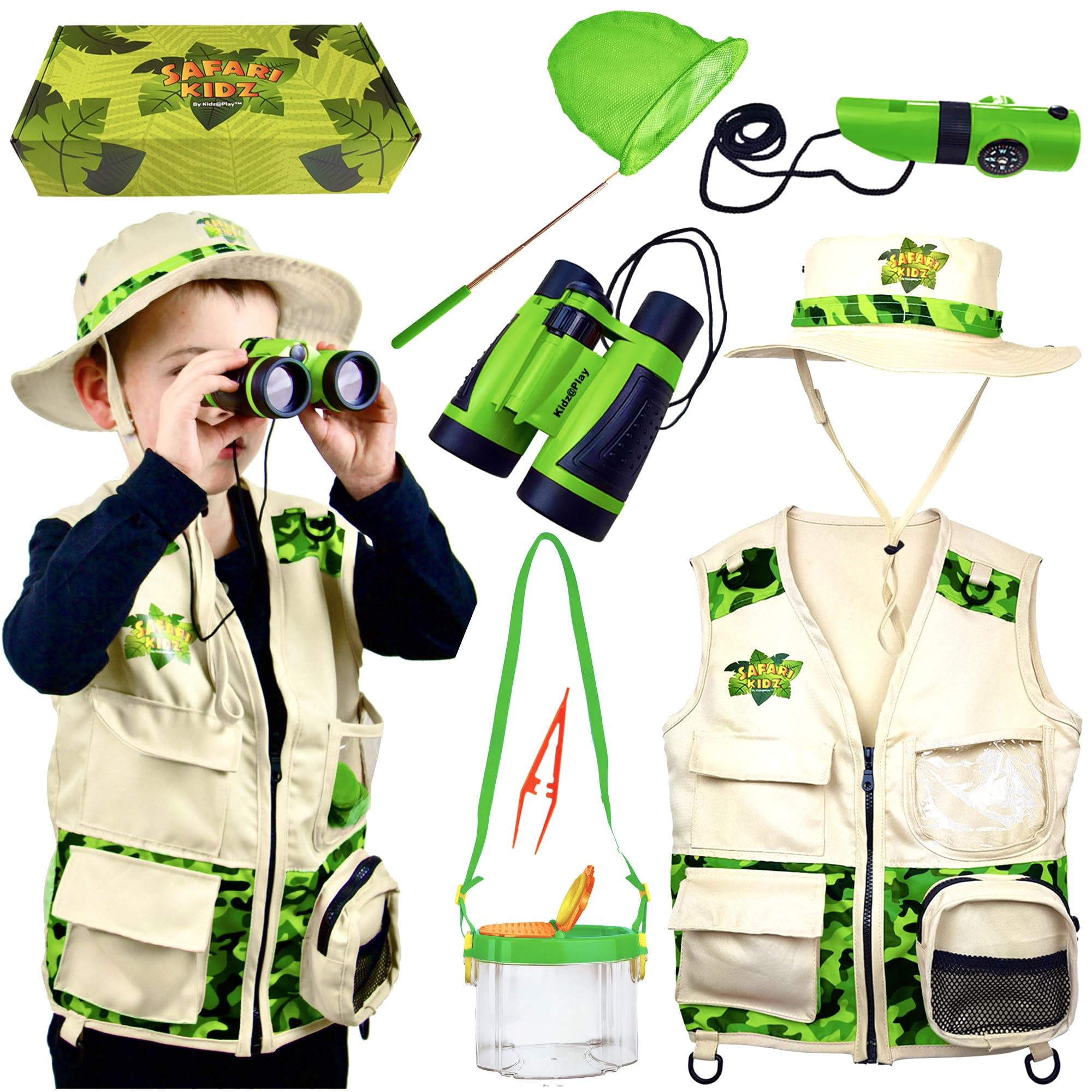 Kidz@Play Safari Outdoor Adventures, Green Bug Hunting Set, Vest, Hat, Binoculars, Bug Net and Container, Whistle, Torch, Magnifying Glass, Thermometer, Compass, Mirror, Tweezers, Bug cups, Age 3+