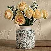 Vintage Chinoiserie Ceramic Vase, Ice Cracked Flower Vases, Hand-Painted Green Botanical Design for Living Room, Bookshelf, Office, Floral Antique Rustic Style Home Decor, 6.2 Inch